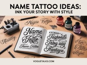 A sketchbook with decorative Name Tattoo designs sits on a desk with tattoo inks, a tattoo machine, and calligraphy samples. The text reads: Name Tattoo Ideas: Ink Your Story with Style.