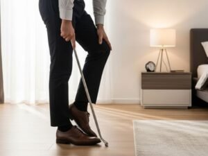 Person using a shoe horn long handle to wear shoes comfortably
